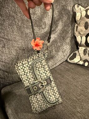 Coach Gray Signature Canvas Wristlet with Black Trim